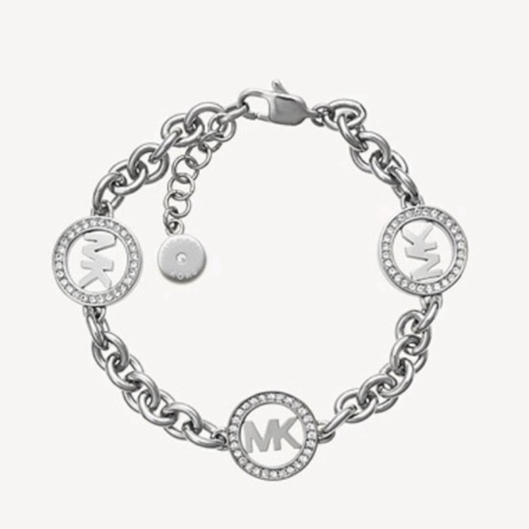 Michael Kors Fulton Logo Bracelet Silver Steel Chain Crystals - Picture 8 of 9